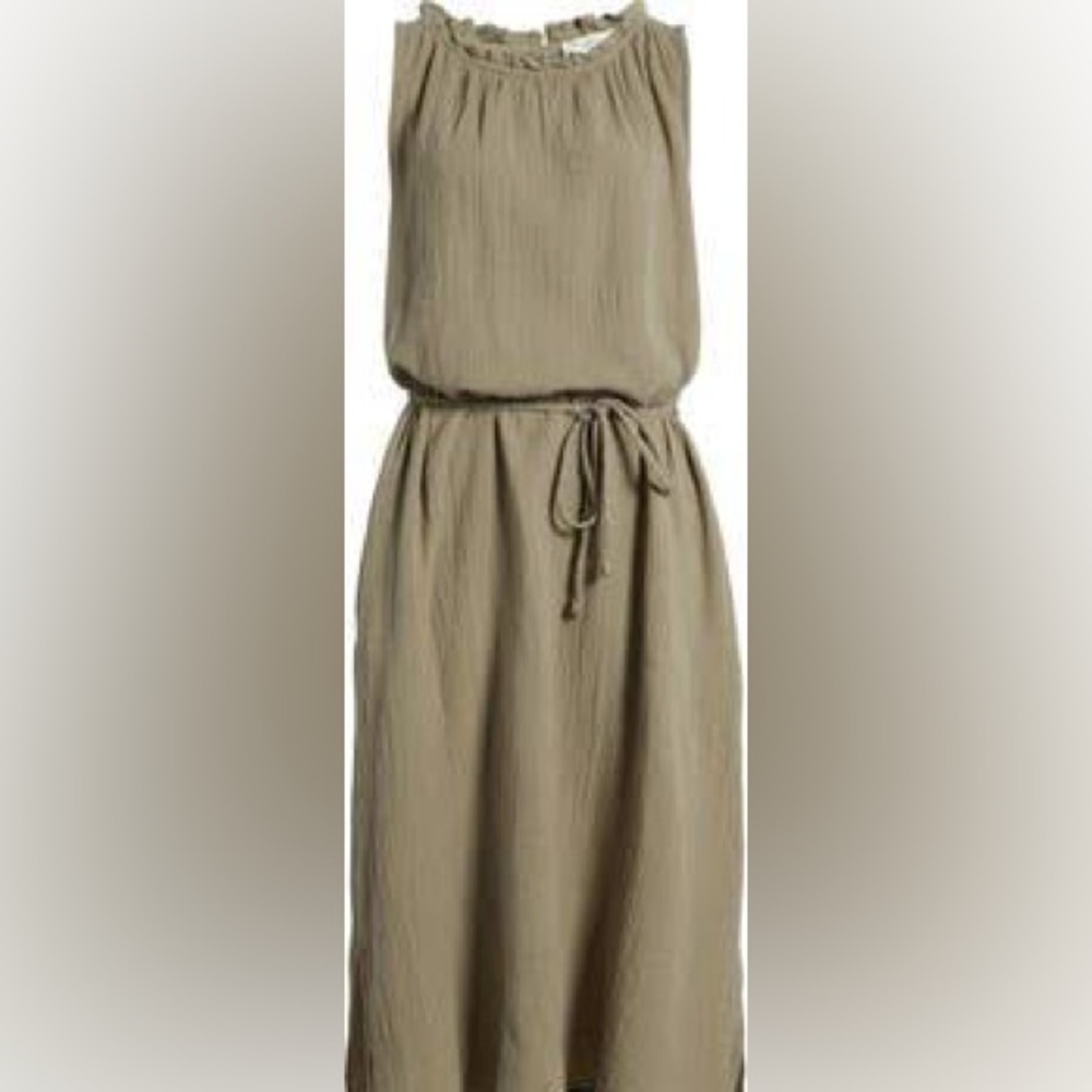 beachlunchlounge Olive Green Cotton Gauzy Sleeveless Maxi Dress Pockets Belt